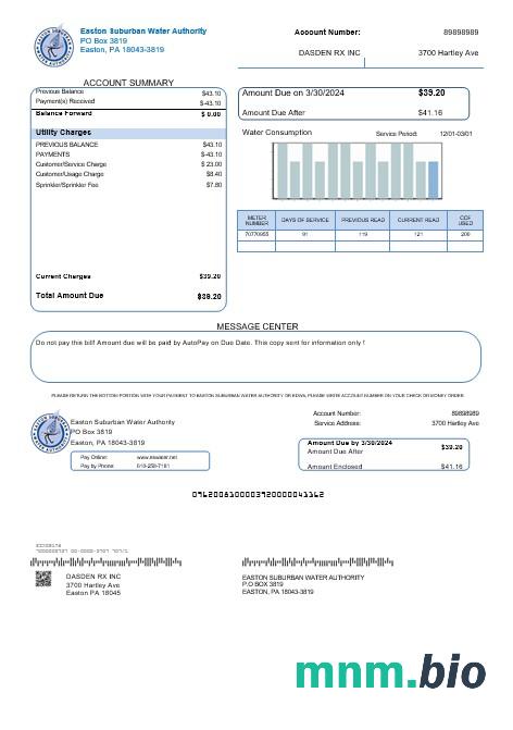 Szablon rachunku za media Biznesowe w USA Eastern Suburban Water Authority w formatach Word i PDF